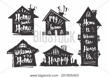 Hand drawn Caligraphy in silhouette house Home sweet home My home Welcome home Happy Home is where the heart is icon or logo. Lettering calligraphy vector illustration.