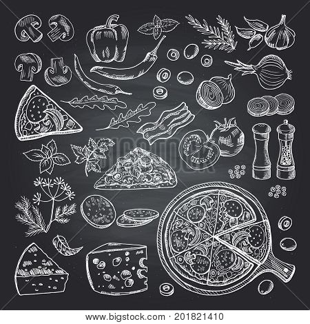 Illustrations of pizza ingredients on black chalkboard. Pictures set of italian kitchen. Italian food pizza, restaurant menu sketch with ingredient vector