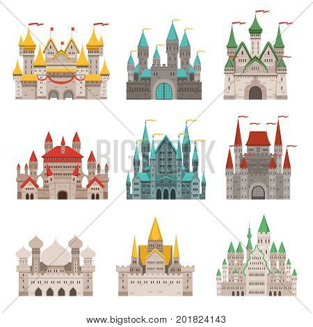 Medieval old castles and historical buildings with fairytale roofs. Medieval fairytale tower, castle building architecture collection illustration