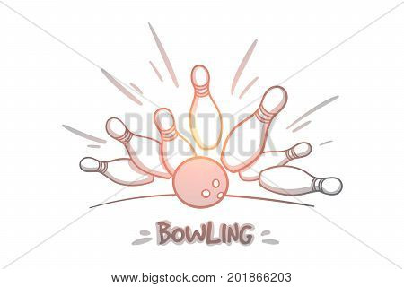 Bowling concept. Hand drawn skittles and bowling ball on the playing field. Bowling ball is making a strike isolated vector illustration.