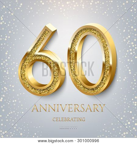 60th Anniversary Celebrating Golden Text And Confetti On Light Blue Background. Vector Celebration 6