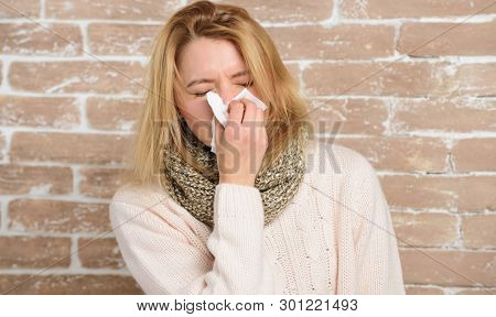 Sneezing Non Stop. Pretty Girl Sneezing Of Seasonal Influenza Virus. Cute Woman Caught Nasal Cold Or