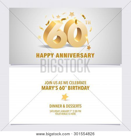 60 Years Anniversary Invitation Card Vector Illustration. Template Design With Golden Color Volumetr