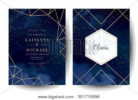 Magic Night Dark Blue Cards With Sparkling Glitter And Line Art. Diamond Shaped Vector Wedding Invit