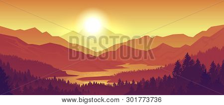 Mountain Sunset Landscape. Realistic Pine Forest And Mountain Silhouettes, Evening Wood Panorama. Ve