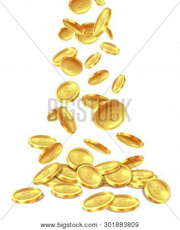 Gold Coins Pile. Golden Coin Money Heap Cash Wealth, Flying Metal Dollars Treasure Piles. Casino Jac