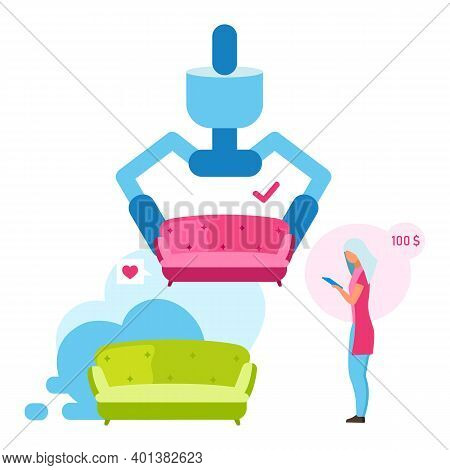 Woman Buying Couch Flat Vector Illustration. Girl Choosing Sofa Color For Interior Design Cartoon Ch