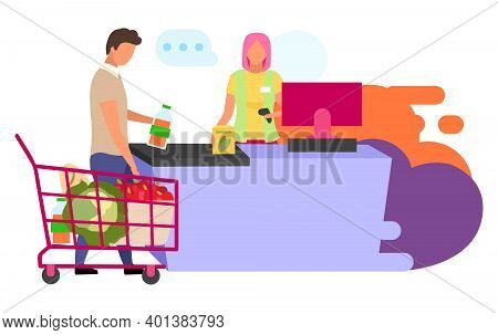 Shopping At Supermarket Flat Vector Illustration. Grocery Store Cashier And Customer Cartoon Charact