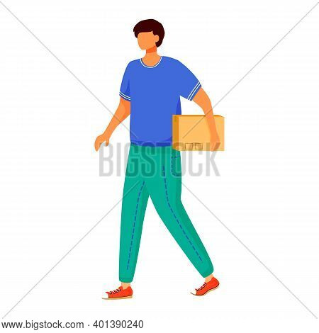 Man Receives Parcel Flat Color Vector Illustration. Getting Box At Post Office. Picking Up Order. De