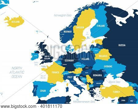 Europe Map - Brown Orange Hue Colored On Dark Background. High Detailed Political Map Of European Co