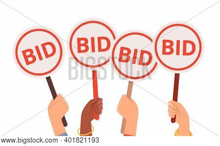 Bidding Process. Auction Paddles, Flat Hand Holding Plates. Finance Or Business, Special Offer Vecto