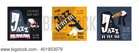 Music Set Of A Jazz Orchestra. Musicians Play Jazz Instruments. Stylish Jazz Lettering. Vector Music