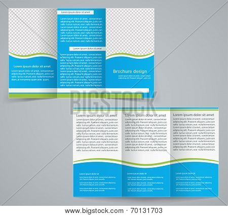 Tri-fold Business Brochure Template, Vector Blue Design Flyer