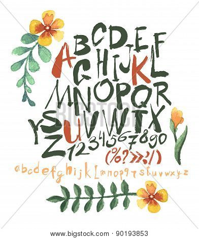 alphabet and numbers hand drawn in vector with watercolor flowers