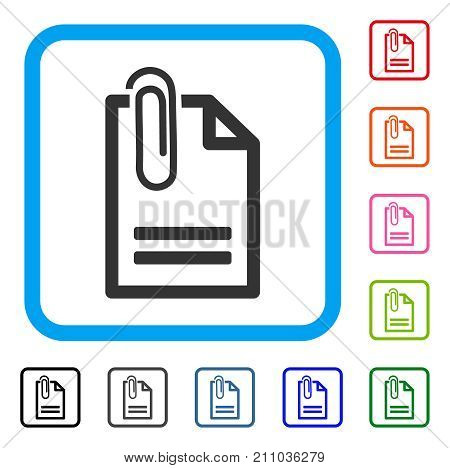 Attached Document icon. Flat gray iconic symbol inside a light blue rounded square. Black, gray, green, blue, red, orange color variants of Attached Document vector. Designed for web and app UI.