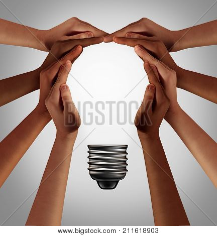 People thinking together as a diverse group coming together joining hands into the shape of an inspirational light bulb as a community support metaphor with 3D elements.