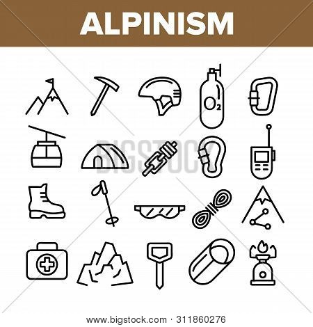 Alpinism And Mountaineering Equipment Vector Linear Icons Set. Alpinism Extreme Hobby Outline Symbol