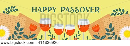 Passover Banner. Pesach Template For Your Design With Matzah And Spring Flowers. Happy Passover Insc