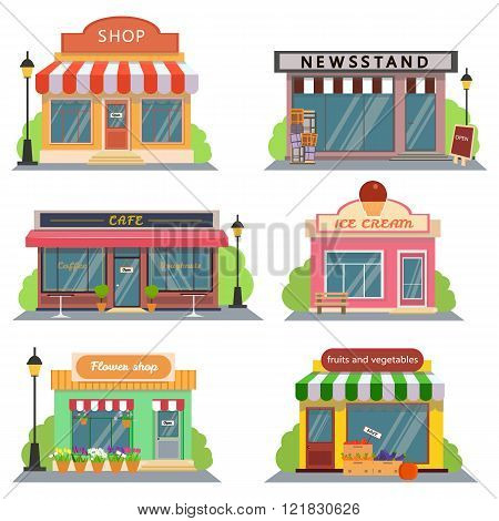 Shops and stores icons set in flat design style. shop, newspaper shop, coffee shop, ice cream shop,