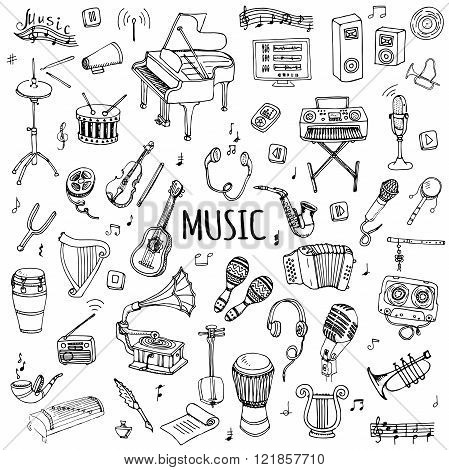 Hand drawn doodle Music set Vector illustration musical instrument and symbols icons collections Cartoon sound concept elements Music notes Piano Guitar Violin Trumpet Drum Gramophone Saxophone Harp