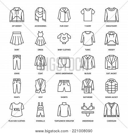 Clothing, fasion flat line icons. Mens, womens apparel - dress, suit jacket, jeans, underwear, sweatshirt, fur coat. Thin linear signs for clothes and accessories store.