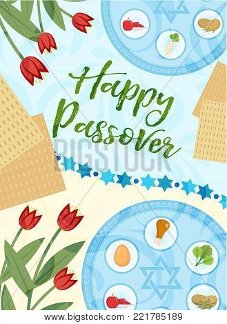 Passover poster, invitation, flyer, greeting card. Pesach template for your design with festive Seder table, kosher food, matzah, david star. Jewish holiday background. Vector illustration