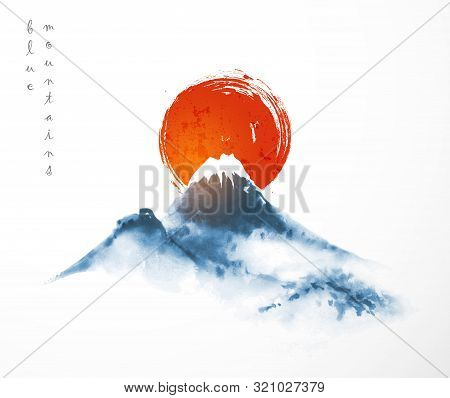 Blue Mountains And Big Red Sun, Symbol Of Japan. Traditional Japanese Ink Wash Painting Sumi-e On Wh