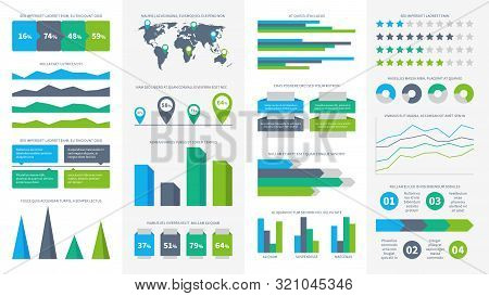 Infographics Set. Charts, Diagrams And Graphs. Flowchart, Data Bars And Timeline For Report Presenta