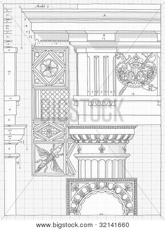 Plano - mano draw dibujo Dórico Orden arquitectónico basado en 