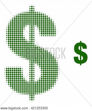 Dollar Symbol Halftone Dotted Icon Illustration. Halftone Array Contains Round Pixels. Vector Illust