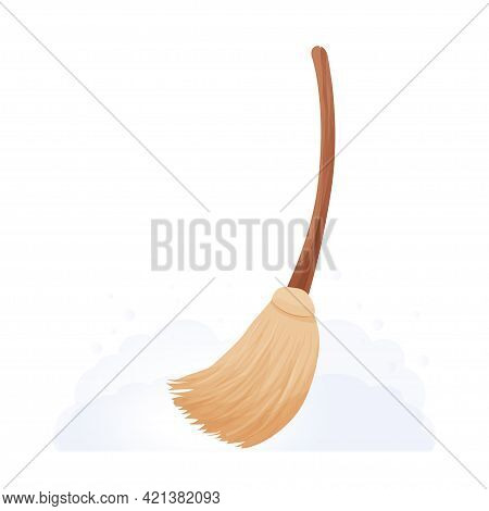 Broom Sweep Floor In Cartoon Style Isolated On White Background, Household Equipment For Cleaning, S