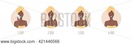 Facial Massage Steps. African Woman Do Cosmetic Spa Procedures For Face With Jade Nephrite Roller. M