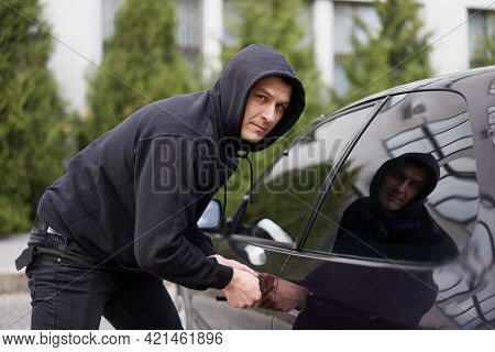 Car Jacking Thief Steal Car Breaking Door Criminal Job Burglar Hijacks Auto Thief Black Balaclava Ho