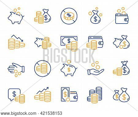 Coins Line Icons. Cash Money, Donation Coins, Give Tips Icons. Piggy Bank, Business Income And Loan.