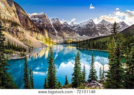 Landscape Sunset View Of Morain Lake And Mountain Range