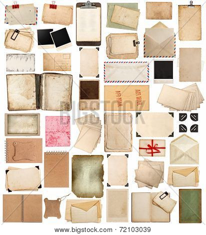 Aged Paper Sheets, Books, Pages And Old Postcards Isolated On White Background