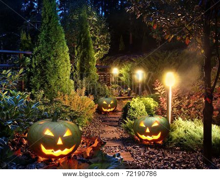 Garden Patio With Jack-o-lanterns