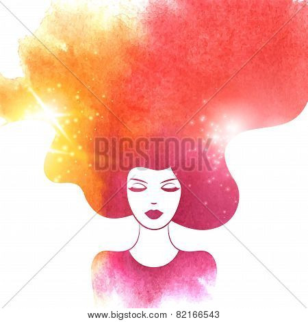 Watercolor Fashion Woman with Long Hair. Vector Illustration.