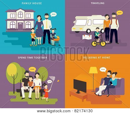 Family with children concept flat icons set