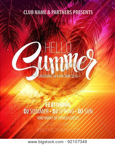 Hello Summer Beach Party Flyer. Vector Design