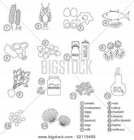 Outline Set Of Typical Food Alergens For Restaurants Eps10