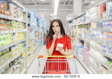 Curious Woman in The Supermarket with Shopping List