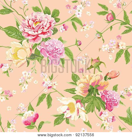 Vintage Peony Flowers Background - Seamless Floral Shabby Chic Pattern - in vector