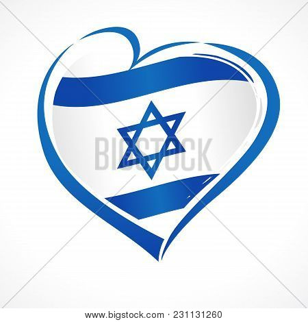 Love Israel, Heart Emblem National Flag Colored. Flag Of Israel With Heart Shape For Israel Independ