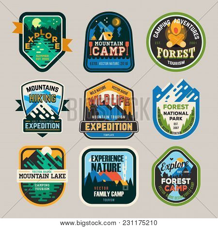 Isolated Signs Or Badges, Logo For Mountain Climbing Or Hiking And Forest Camp At National Park, Lak