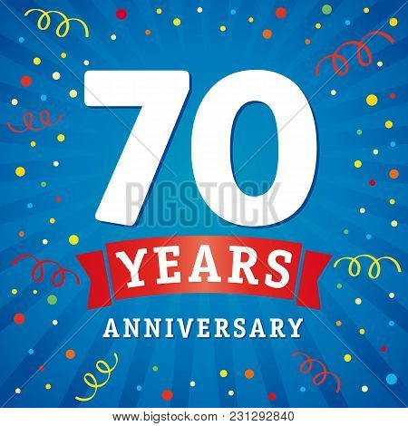 70 Years Anniversary Logo Celebration Card. 70th Years Anniversary Vector Background With Red Ribbon