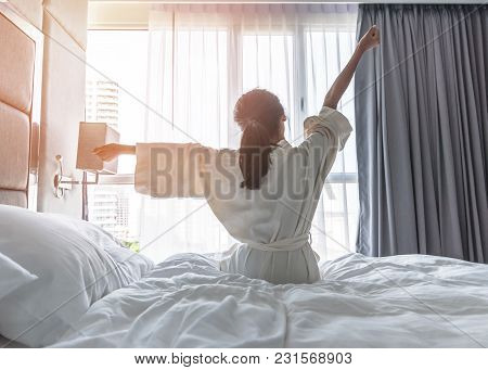 Easy Lifestyle Asian Woman Waking Up From Good Sleep In Weekend Morning Taking Some Rest, Relaxing I