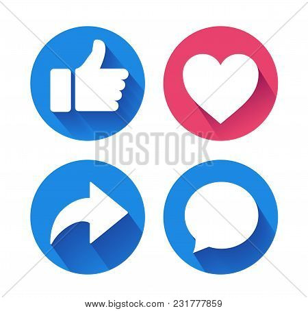 Thumbs up and heart icon with repost and comment icons on a white background. Social media icon, empathetic emoji reactions