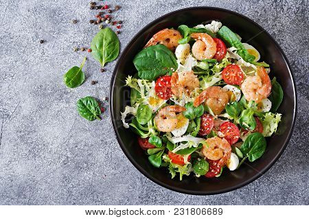 Healthy Salad Plate. Fresh Seafood Recipe. Grilled Shrimps And Fresh Vegetable Salad And Egg. Grille