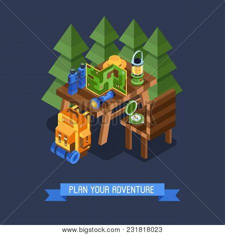 Isometric Hiking Banner With Hike Elements And Accessories. Camping Concept Background With Isometry